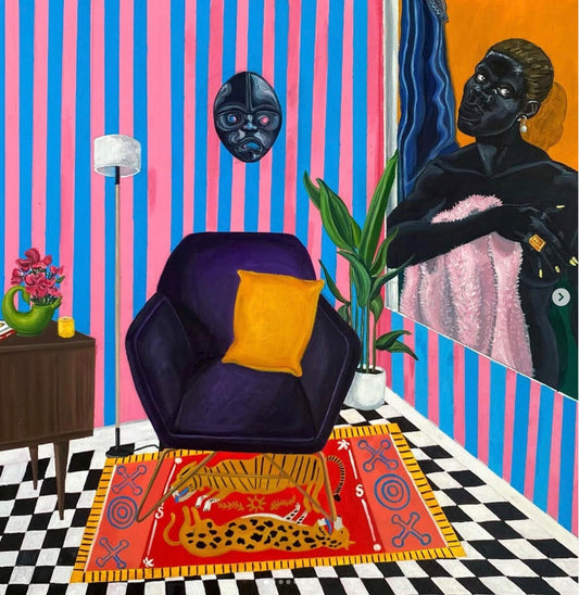 A painting featuring a purple chair with a yellow cushion, a pink floral rug, and a figure with a mask-like face in the background, set against a striped blue and orange background.
