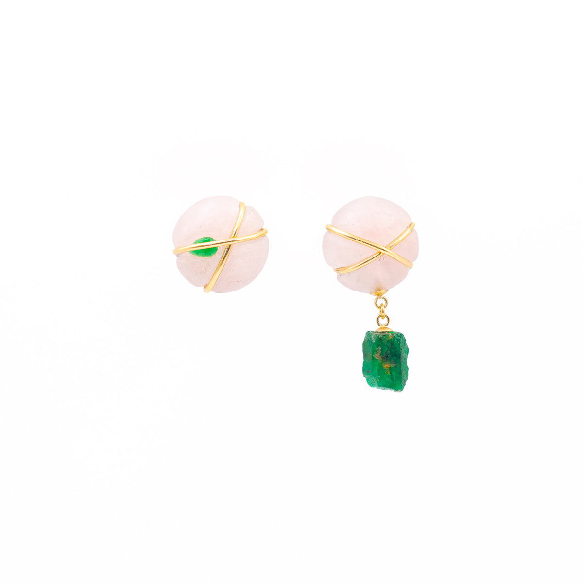 Helena Palmeira, Rose Quartz and Emerald Earrings