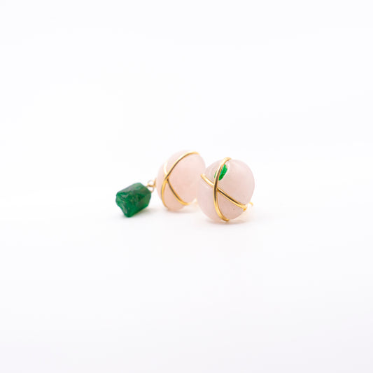 Helena Palmeira, Rose Quartz and Emerald Earrings