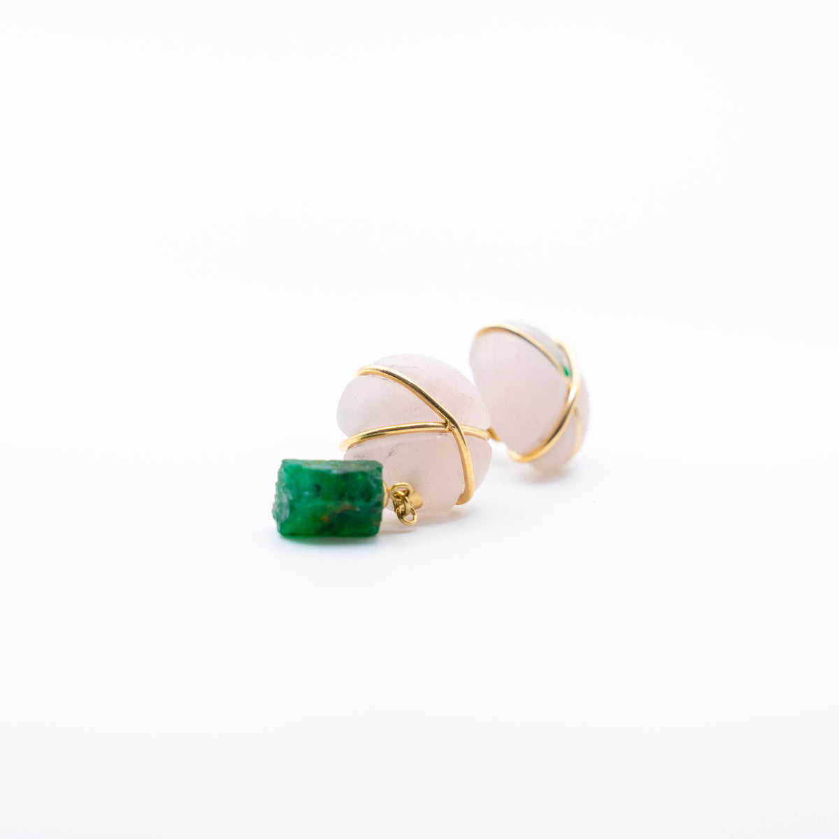 Helena Palmeira, Rose Quartz and Emerald Earrings