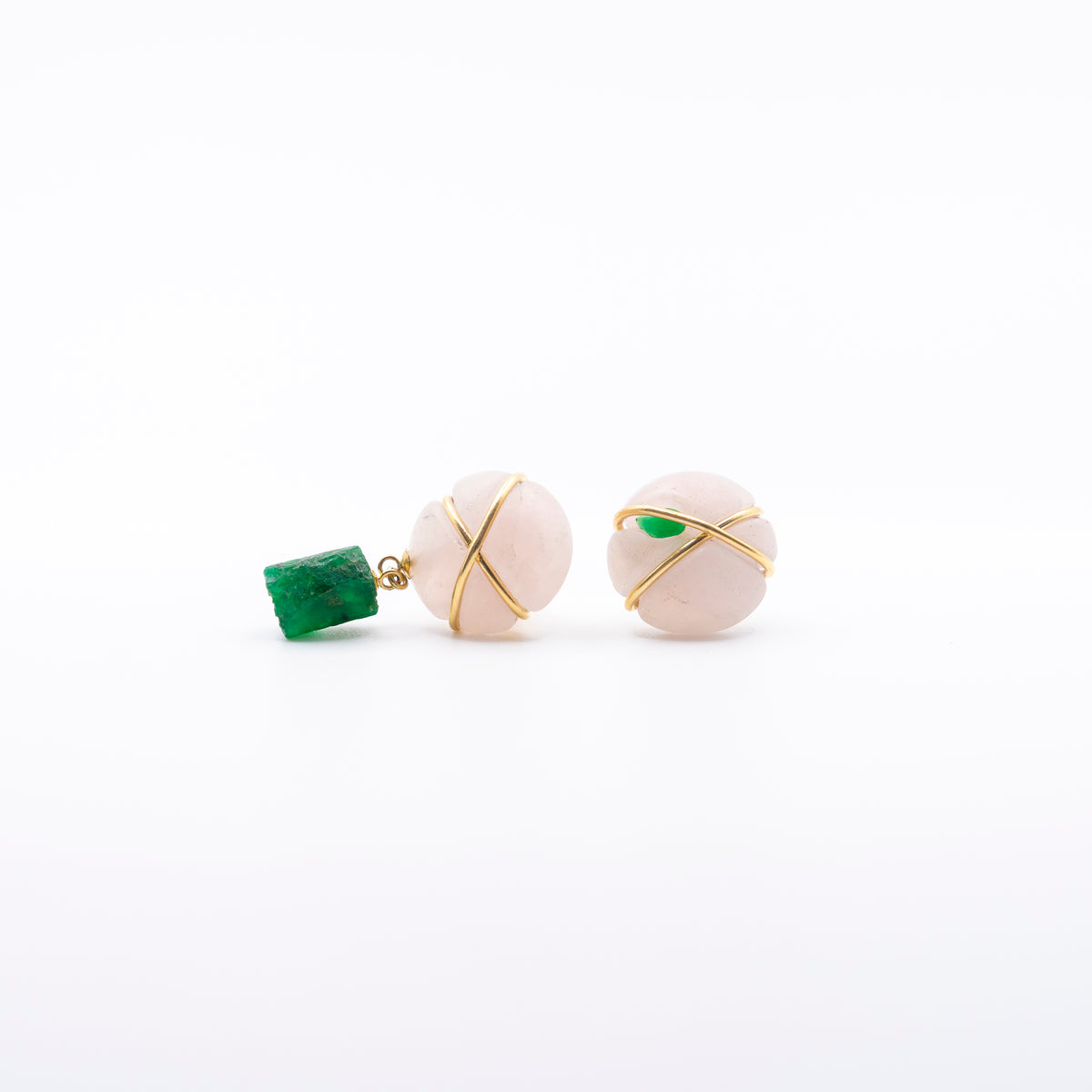Helena Palmeira, Rose Quartz and Emerald Earrings