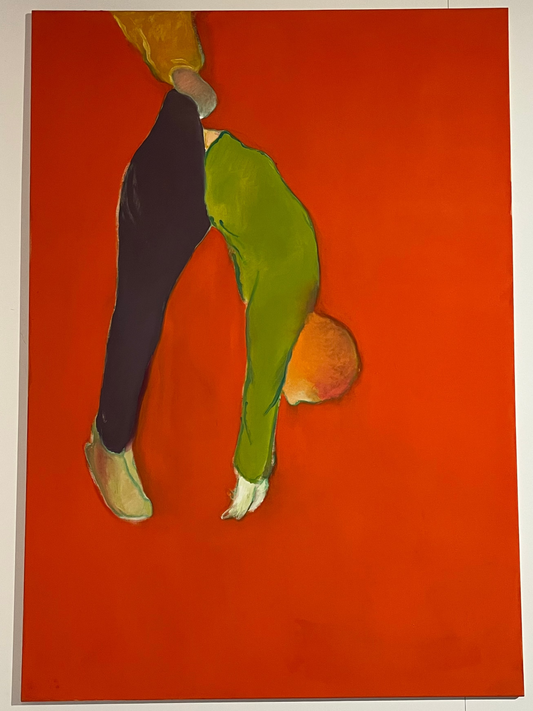 Abstract painting of legs in green and black shoes on a red background
